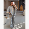 Loose Plaid Shirt Pants Two-piece Set Three Quarter Sleeve Oversize Blouses Wide Leg Pants Suit Women Casual Sets