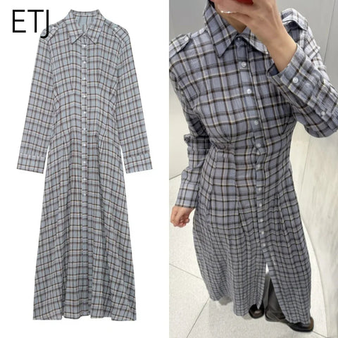 Spring Women's Collection - Elegant and Simple Shoulder Emblem Decorated Checkered Shirt-style Long Dress
