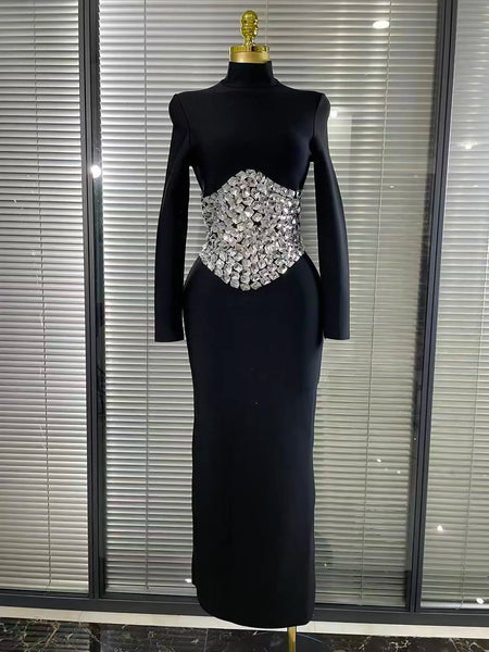 Sparkly Crystals Women Long Sleeve Sexy Bodycon Long Bandage Dress Evening Party Elegant Red Carpet Birthday Outfit