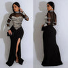 Women Full Sleeve Diamonds Mesh Rhinestones High Side Split Mermaid Maxi Long Dress Evening Sexy Party Dresses Vestidos