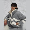 Women Chevron Color Block Padded Ski 2 Piece Set Fleece Collar Zipper Snow Jacket Cargo Wide Leg Pants Winter Snowboard Outfits