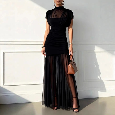 Elegant Sheer Maxi Dress Women High Neck Cap Sleeve Ruched Bodycon Mini Skirt Overlay Tulle Floor Length Evening Party Dress