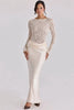 Off Shoulder Lace Satin Maxi Dress Women Elegant Long Sleeve Ruched Bodycon Mermaid Evening Club Party Formal Dress