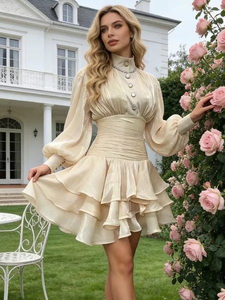 Cream Victorian-inspired Short Dress Women Chic Puff Sleeve Ruched Tiered Waist Cinching Party Dresses Lady Vestidos