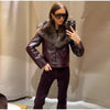 Fur Collar PU Leather Jacket Women Single Breasted Long Sleeve Loose Street Female Coat Winter Casual Outwear Top
