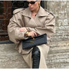 Khaki Lace Up Loose Windbreaker Women Vintage Lapel Long Sleeve Pockets Single Breasted Jackets Lady Daily Street Outerwear