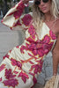 Rose Printed Satin Dress Womens Elegant High Waist Boho Maxi Dress Sexy One Shoulder Long Sleeve Women Party Dresses