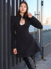 Puff Sleeve Contrast Color Mini Dress Female Retro Elegant Stand Collar Hollow Lace Up A-Line Dress Tight Waist
