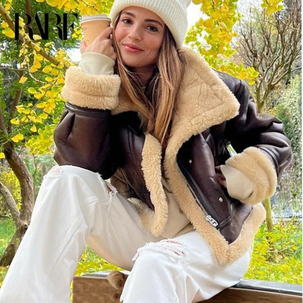 Autumn Winter Women Faux Lamb Fur Short Jacket Vintage Female Moto Biker Zipper Thick Warm Coat Fleece Outwear