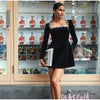 Elegant Square Neck Diamond Short Velvet Dress For Women Two Pockets Slim Office Ladies Outfits A-Line Long Sleeve Dress