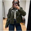 Women Lapel Collar Single Button Croc Embossed Leather Jacket Long Sleeve Drop Shoulder Patch Pocket Loose Retro Short Street