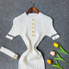 Autumn Winter Women Knitted Dress Brand O-neck Buttons Bodycon Sweater Dress with Belt Lady Office Dress