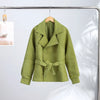 Chic Green Suede Lace Up Jackets Women Loose Stand Collar Belt Long Sleeve Buttons Coats Autumn Winter Lady Outwear