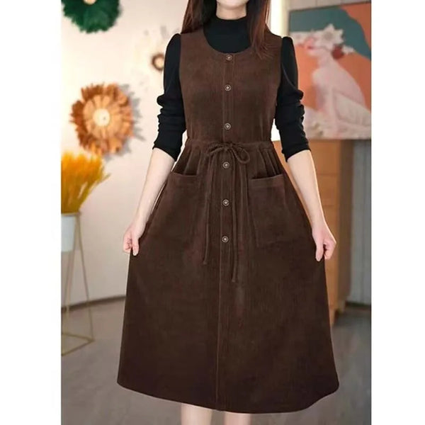 Winter Fake Two piece Corduroy Dress Stylish Women's Dress Draw pleats Slim Waist Dress Women's Retro Knee Over Middle Long