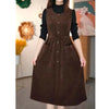 Winter Fake Two piece Corduroy Dress Stylish Women's Dress Draw pleats Slim Waist Dress Women's Retro Knee Over Middle Long