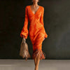 Women's Vintage Camo Print Knitted Maxi Dress Elegant V-Neck High Waist Flare Long Sleeve Slim Fit Tassel Hem Sweater Chic Dress