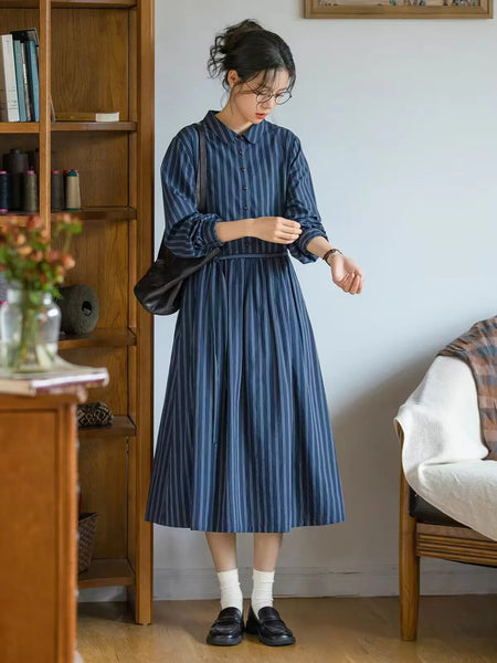 Long Sleeve Striped Long Sleeve Loose Vintage Spring Autumn A Line Dress Lady Work Dress Women Casual Midi Dress J404