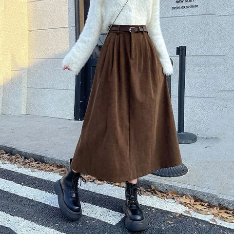 Vintage Corduroy Long Skirt Women Autumn Winter High Waist Pleated Skirts 3 Colors Warm Mini Dress Korean A Line Midi Y2k Skirt
