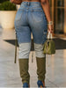 Women High Waist Skinny Jeans Patchwork Spliced Ribbon Decor Cargo Pocket Slim Denim Pants Autumn