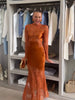 Ladies Lace Overlay Satin Mermaid Gown High Neck Long Sleeve Cutout Sheer Slim Dress Wedding Guest Party Dresses