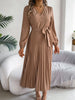 Spring Autumn Elegant Buttons V Neck Lantern Long Sleeve Lace Up Pleated Dress Khaki Blue Red Green Black Women Dresses