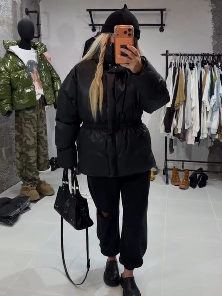 Casual Solid Women's Cotton Coats Back Zippers Stand Collar Thicken Waist Jackets Autumn Winter Lady Outwear
