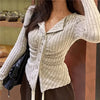 Korean Knit Cardigan Women Y2k Clothes V Lapel Long Sleeve Knitted Jumper Collar Sweater Coat Vintage Slim Cardigan