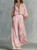 Women Butterfly Print 2 Piece Outfit Shirt Wide Leg Pants Set Golden Trim Lapel Zipper Solid Trousers Holiday Matching Suit