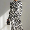 Flower Print Long Sleeve Elegant Maxi Dress Women Gown Spring Ruched Bodycon Mock Neck Long Dresses Female