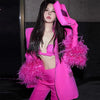 Women's Sparkle Diamond Blazers Coat Female Streetwear Long Sleeve Casual Spliced Feather Chic Suit Coats