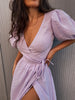 100% Cotton V-neck Waist Cinched Dress Unique Lantern Sleeve Sexy Slit Long Skirt Women's Casual Dresses