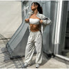 Women Solid Zip Up Two Piece Set High Neck Loose Jacket Wide Leg Track Pants Spring Autumn Casaual Hip Hop Outfit