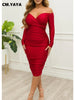 Women Off Shoulder V-neck Ruched Stacked Bodycon Midi Dress Autumn Winter Long Sleeve Party Club Prom Vestidos