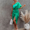 Womens Satin One Shoulder Batwing Sleeve Ruched Bodycon Midi Long Dress Asymmetrical Wrap Front Cocktail Party Dresses