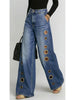 Missuoo Women's Washed Blue High-Waist Metal Grommet Wide Leg Jeans Casual Loose Fit Streetwear Pants Casual Trousers