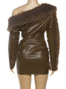 Sexy Furry PU Patchwork Dress Women Zip Diagonal Collar Tierred Ruched Irregular Full Sleeve Winter Streetwear