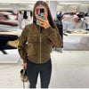 Women's Cropped Bomber Jacket Stand Collar Zipper Patch Pocket Rib Trim Long Sleeve Short Coat Vintage Autumn Casual Outfit