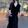 V-Neck Black Velvet Long Sleeve Dress For Women Spring Autumn Western Style Retro Solid Color Pleated Large Length Dresses