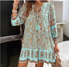 Casual Print Loose Dress For Women Long Sleeve V Neck Lace-up Vintage Pullover Dresses Lady Boho Holiday Womens Clothing