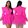 Vintage Women Single Breasted Notched Neck Puff Long Sleeve Mesh Cascading Ruffles Big Swing Blazer Dress Chic Vestidos
