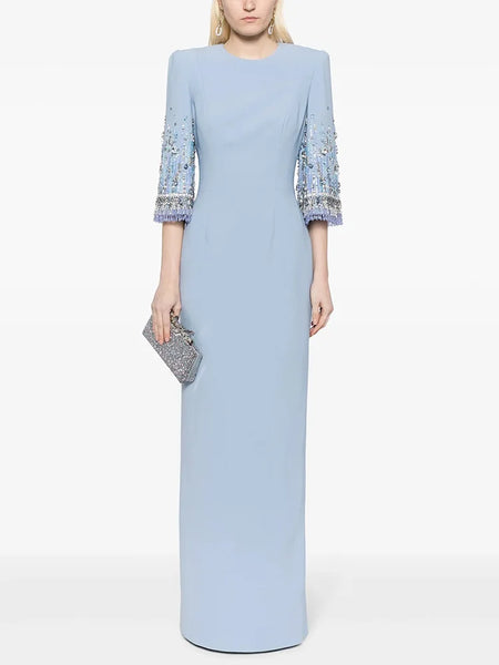 High Street S/S Designer Vestido Women's Half Sleeve Beaded Long Maxi Dress