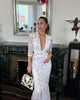 Women White Floral Print Maxi Dress V Neck Puff Sleeve Peplum Waist Fishtail Hem Chiffon Robe Elegant Party Wedding Guest Gown