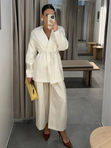 White Stand Collar Long Pant Suits Women Chic Solid Full Sleeves Single Breasted Loose Pants Set Lady Daily Street Outfit