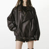 Fall Winter Women's Faux Leather Jacket Individuality Asymmetrical Stand Collar Loose Lady Coat Long Sleeve Bomber Outwear