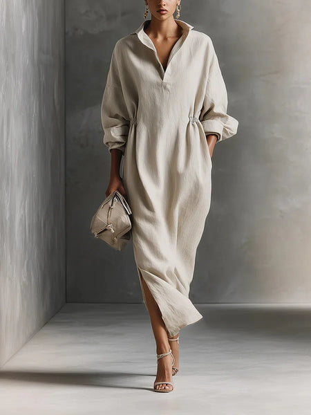 Women's Elegant Long Dresses Casual Turndown Collar Side Slit Shirt Dress Vintage Solid Ruched Dress Loose Robes