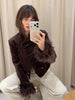 Light Green Landscape Print Jackets Women Chic Stand Collar Furry Cuff Single Breasted Slim Cropped Coat Lady Autumn Daily Wear