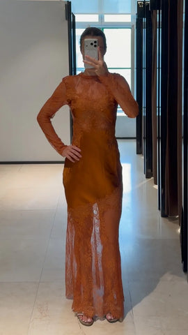 Ladies Lace Overlay Satin Mermaid Gown High Neck Long Sleeve Cutout Sheer Slim Dress Wedding Guest Party Dresses