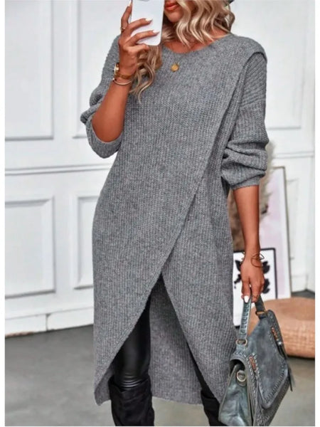 Womens Long Knitted Sweater Dress Autumn Winter Warm Fur Jumpers Casual Solid Loose Knit Midi Dress Lady Work Pullovers