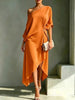 One Shoulder Midi Dress Asymmetrical Hem Waist Knot 3/4 Sleeve Draped Formal Evening Elegant Color Cocktail Dress for Women