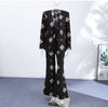 Vintage Printed Blazer Jacket Women's Pants Sets Shoulder Pads V Neck Lace Up Full Sleeve Jackets Wide Leg Pant Lady Outfit